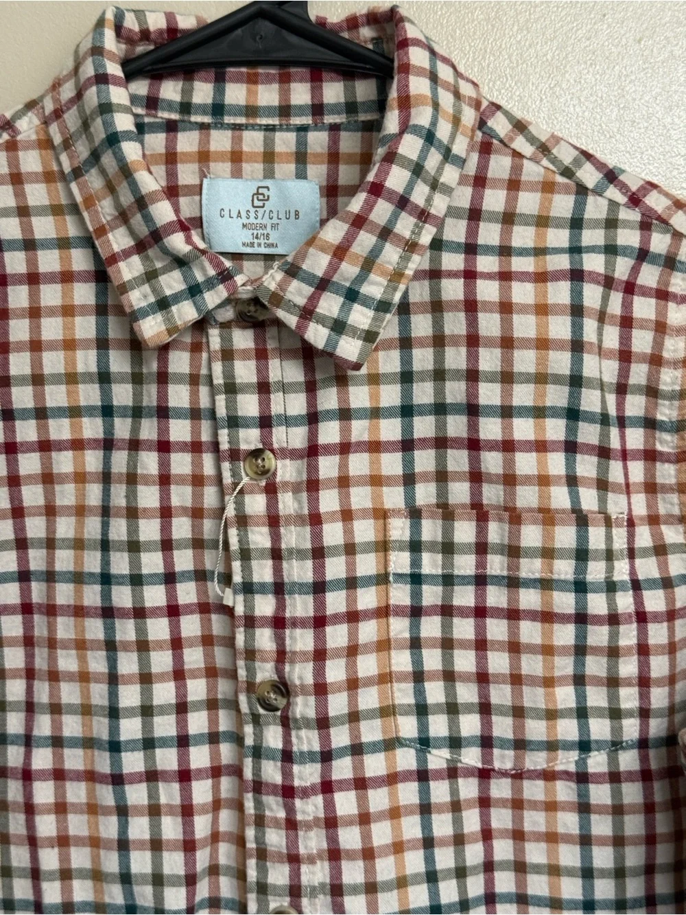 Class Club Boy’s Long Sleeve Ivory Plaid Button Up Sport Shirt LIKE NEW 14/16